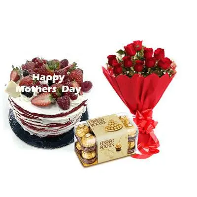 Mothers Day Red Velvet Fruit Cake, Bouquet & Ferrero