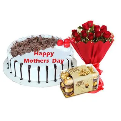 Mothers Day Snowy Black Forest Cake, Bouquet & Ferrero