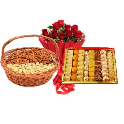 Almonds, Cashew, Mixed Sweets & Bouquet