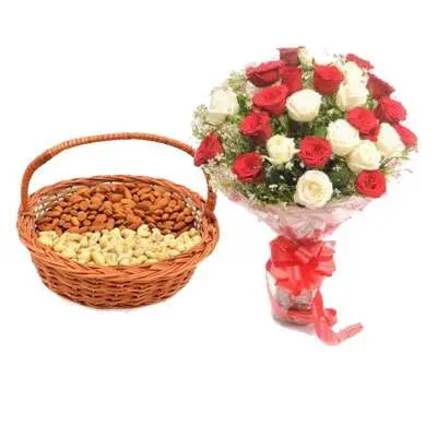 Almonds, Cashew With Red & White Roses
