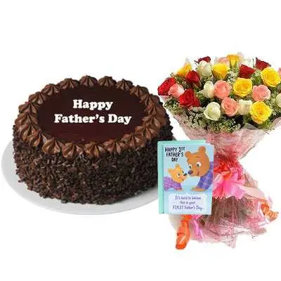 Fathers Day Chocolate Cake, Bouquet & Card