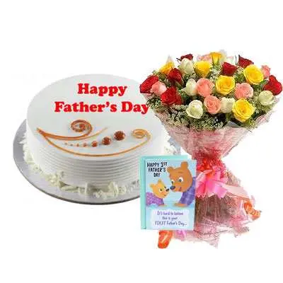 Fathers Day Vanilla Cake, Bouquet & Card