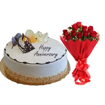 Happy Anniversary Vanilla Cream Cake & Bouquet