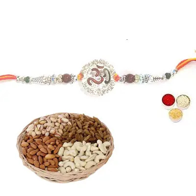 Silver Om Rakhi with Mix Dry Fruits