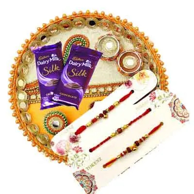 3 Rakhi with Thali & Silk Chocolates