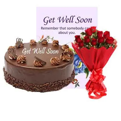 Get Well Soon Chocolate Cake With Bouquet & Card