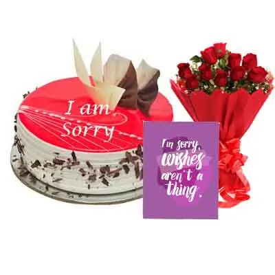 I M Sorry Strawberry Cake With Bouquet & Card