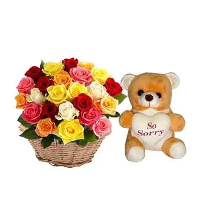Mix Rose Basket with Sorry Teddy