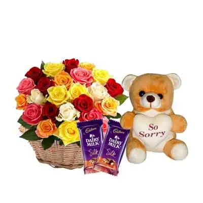 Mix Rose Basket with Sorry Teddy & Chocolates