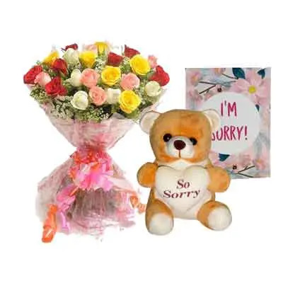 Mix Rose Bouquet with Sorry Teddy & Card