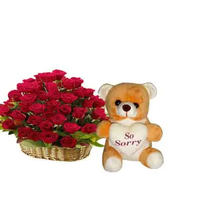 Rose Basket with Sorry Teddy