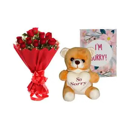 Rose Bouquet with Sorry Teddy & Card
