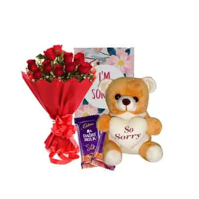 Rose Bouquet with Sorry Teddy, Card & Chocolates