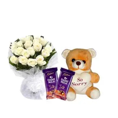 White Rose Bouquet with Sorry Teddy & Chocolates