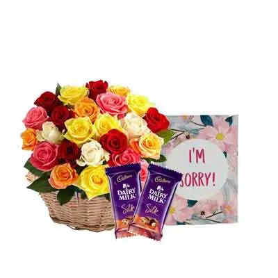 Mix Rose Basket with Sorry Card & Chocolates