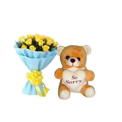 Yellow Roses with Sorry Teddy
