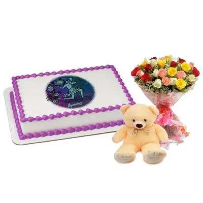 Pineapple Aquarius Cake with Mix Roses & Teddy