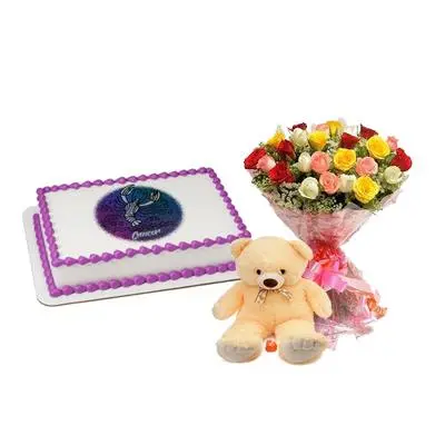 Cake, Flowers & Teddy For Cancer Zodiac Sign