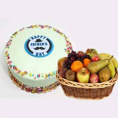 Delicious Fathers Day Vanilla Cake with Fruits Basket
