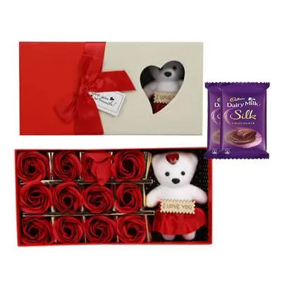 Red Roses with Teddy Bear & Silk