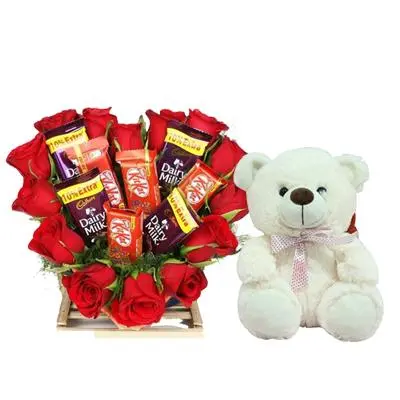 Heart Shape Roses Dairy Milk kitkat Bouquet with Teddy