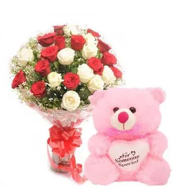 Red & White Roses with Teddy