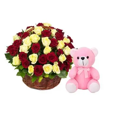 Red & Yellow Rose Basket with Teddy