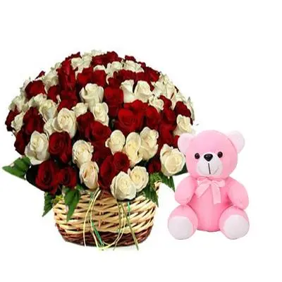 White n Red Rose Basket with Teddy
