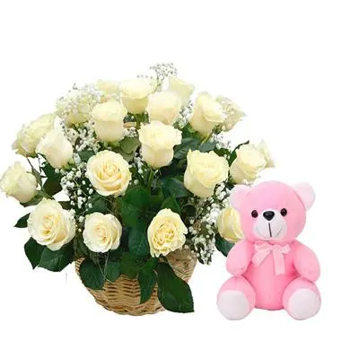 White Rose Basket with Teddy