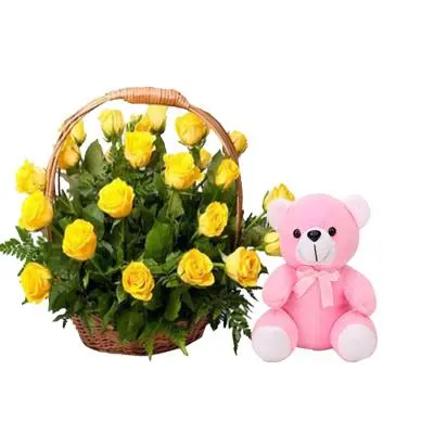 Yellow Rose Basket with Teddy