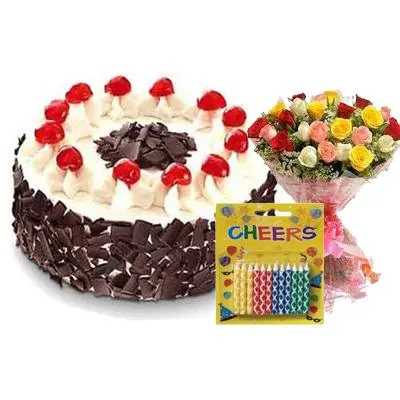 Black Forest Cake with Bouquet & Candles