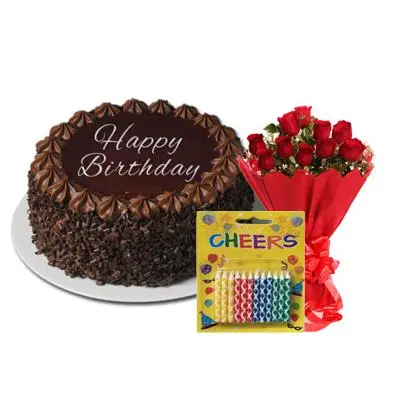 Happy Birthday Chocolate Cake with Bouquet & Candles
