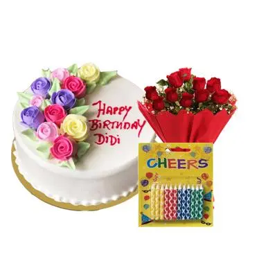 Happy Birthday Flowery Cake with Bouquet & Candles