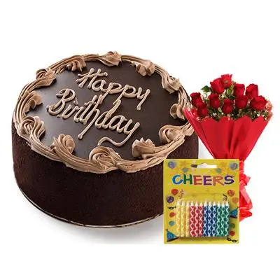 Happy Birthday Fudge Chocolate Cake with Bouquet & Candles