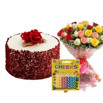 Red Velvet Cake with Bouquet & Candles