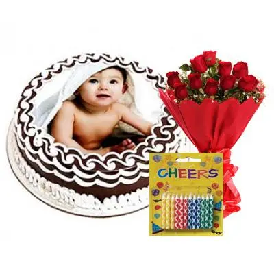 Round Photo Cake with Red Roses & Candles