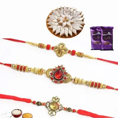 Set of 3 Kundan Rakhi with Silk & Burfi