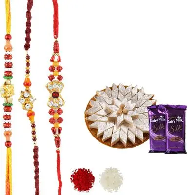 Set of 3 Mauli Rakhi with Burfi & Silk