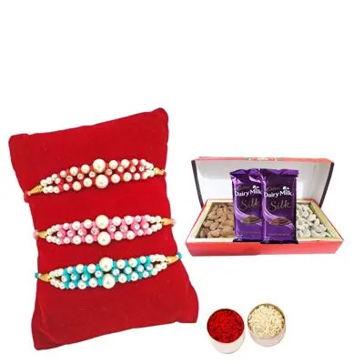 Set of 3 Pearl Rakhi with Dry Fruits with Silk