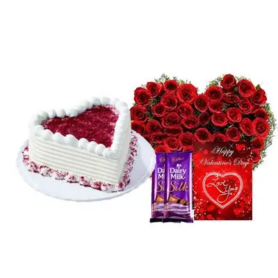 Red Velvet Cake with Heart Bouquet, Silk & Card