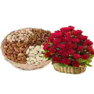 Mixed Dry Fruits & Roses Basket