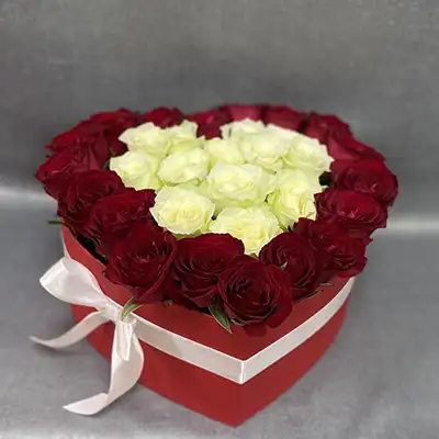Red White Roses in a Heart Box