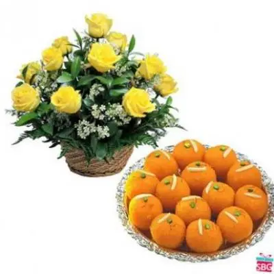 Yellow Roses Basket With Laddu
