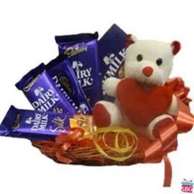 Teddy In Basket With Chocolates