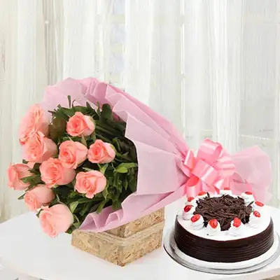 Pink Roses With Black Forest Cake