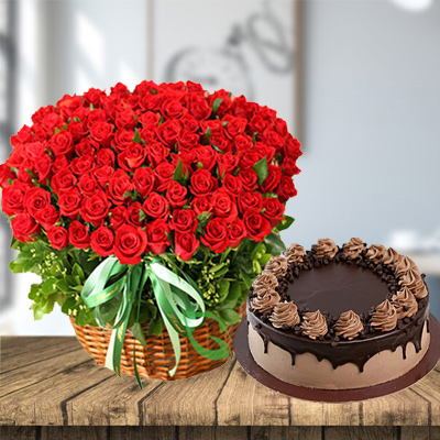 100 Roses Basket With Chocolate Cake