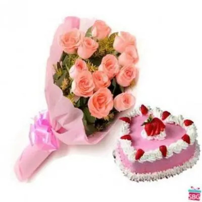 Heart Shape Cake With Pink Roses