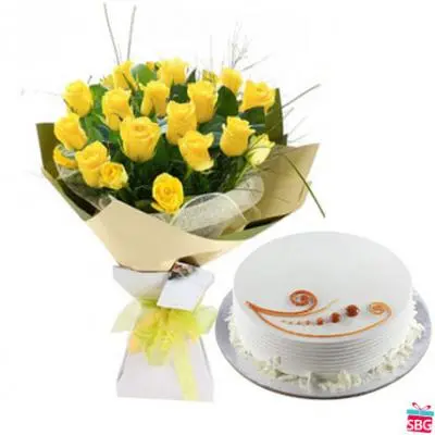 Yellow Roses With Vanilla cake