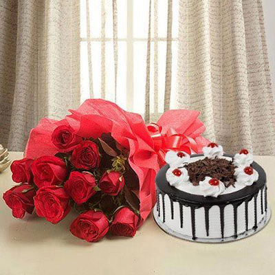 Red Roses With Black Forest Cake