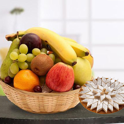 Fresh Fruits Basket With Kaju Burfi